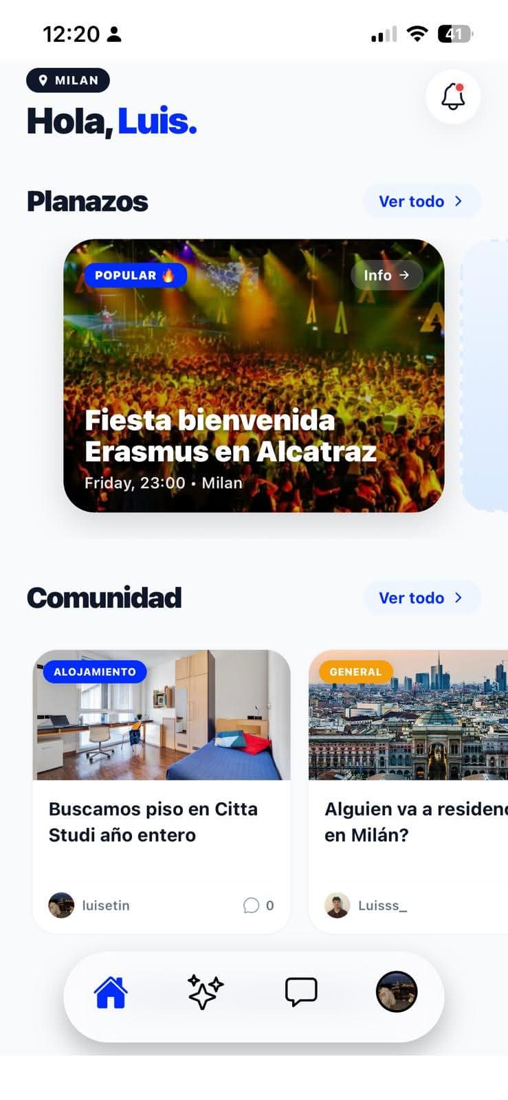 Pantalla principal de la app MyErasmus con planazos y comunidad
