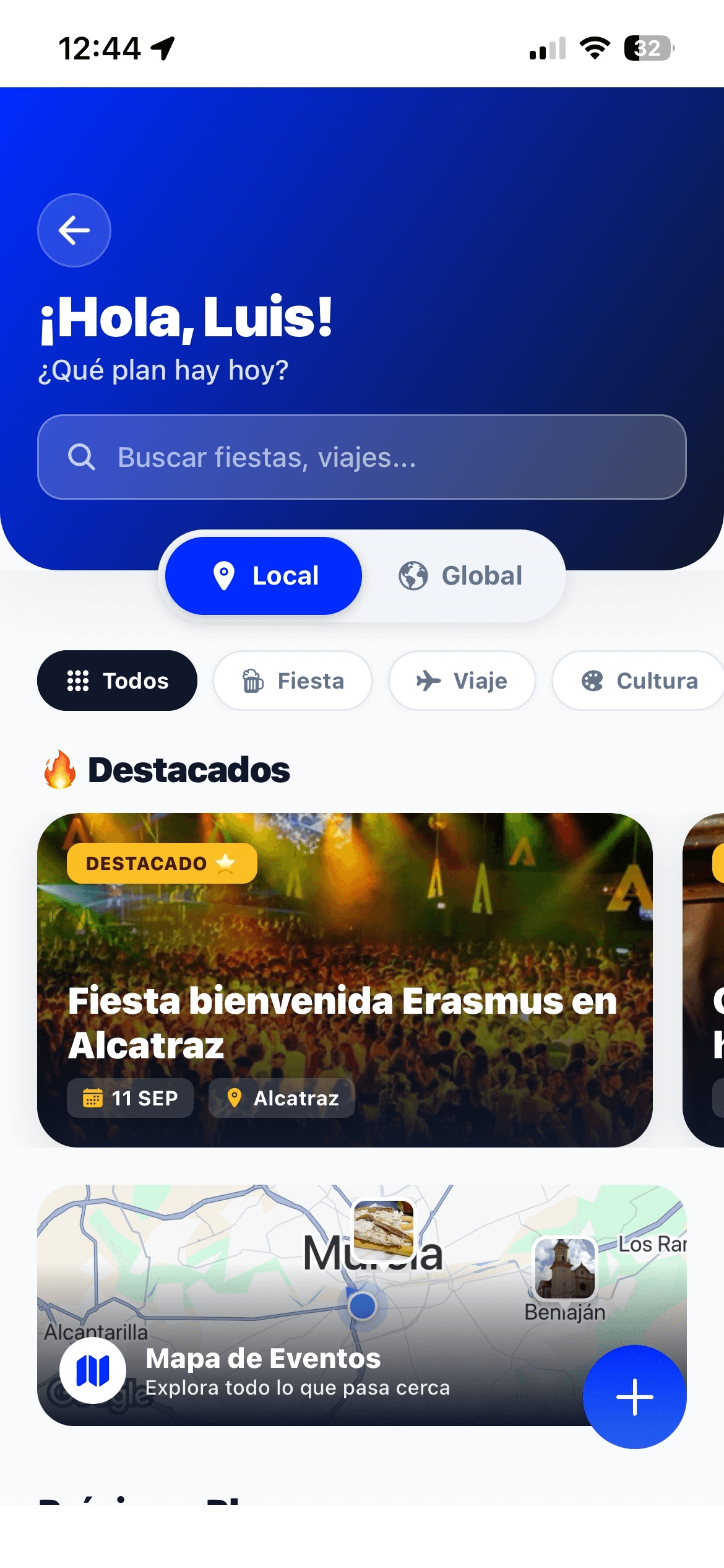 Pantalla de la app MyErasmus: descubrir fiestas, viajes y planes cerca