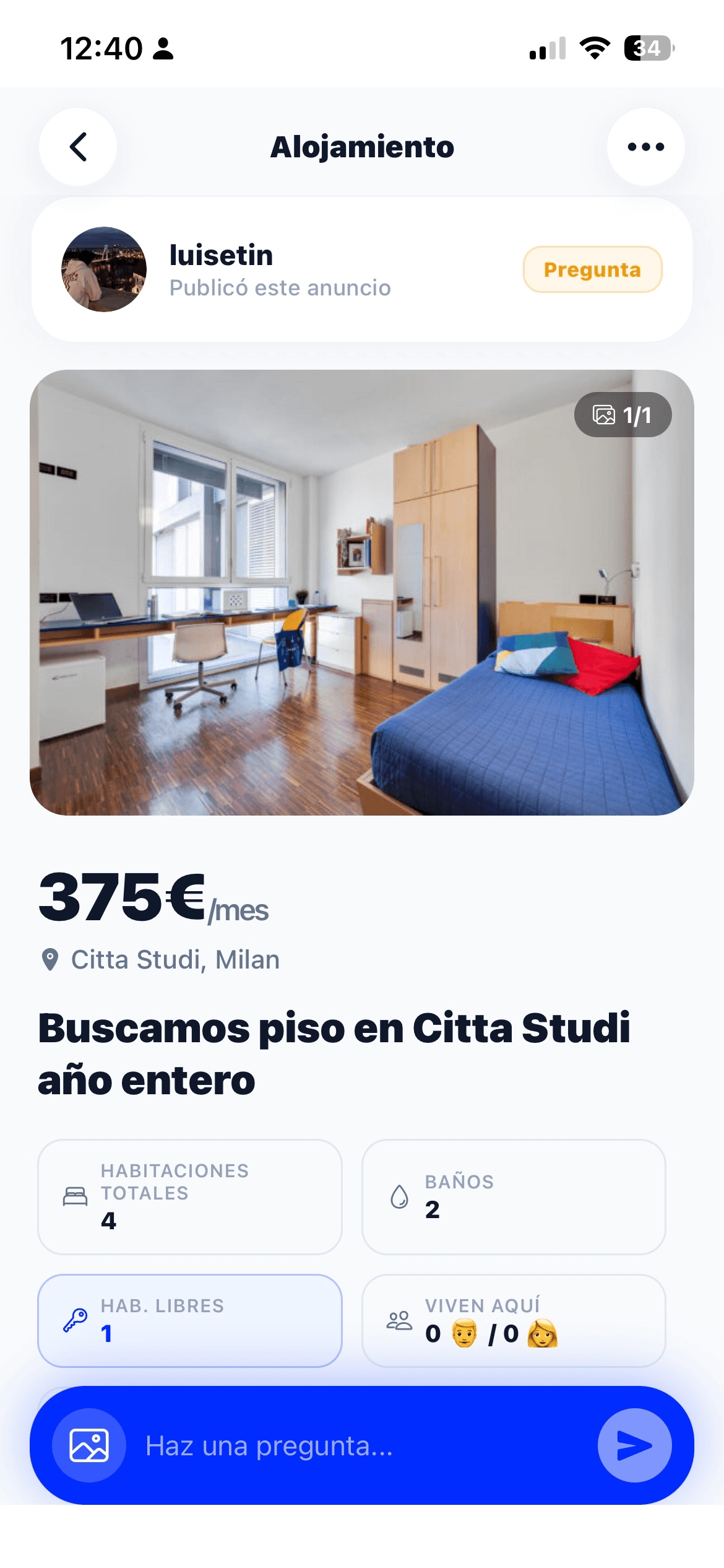 Pantalla de alojamiento de la app MyErasmus